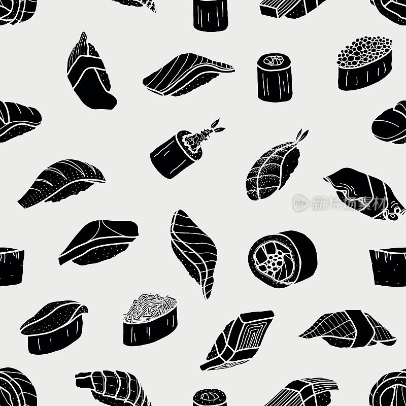 剪影寿司随机浅灰色背景。可爱的日本食物插图手绘。无缝的图案。