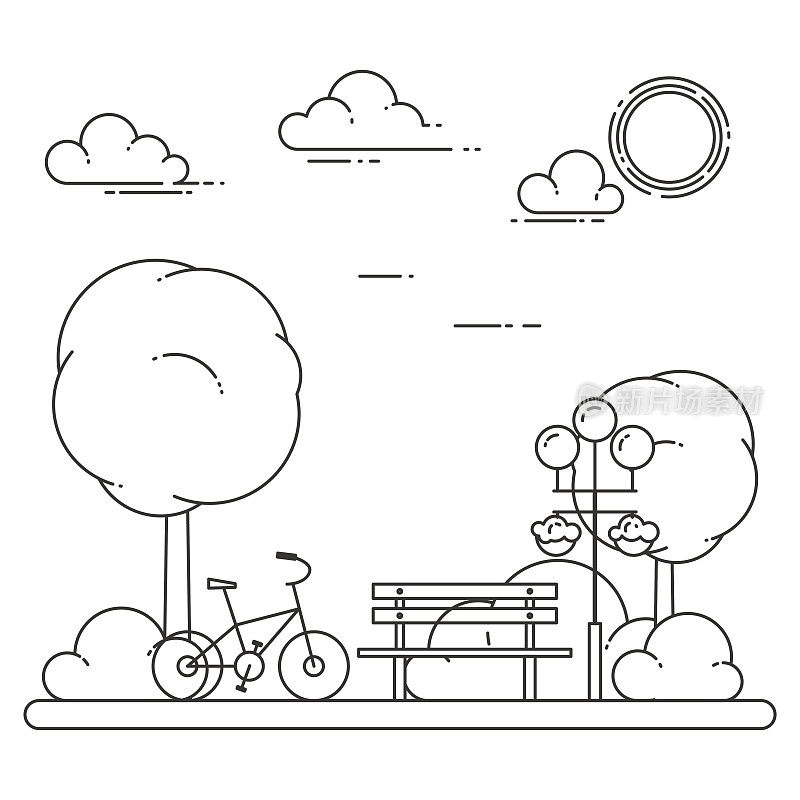 春城景观有长椅，自行车在中央公园。矢量插图。线的艺术。
