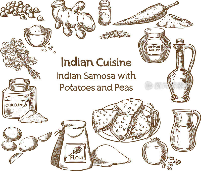 印度菜萨莫萨土豆和豌豆配料