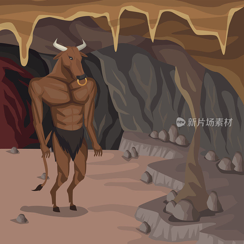 洞穴内部背景与牛头怪希腊神话生物