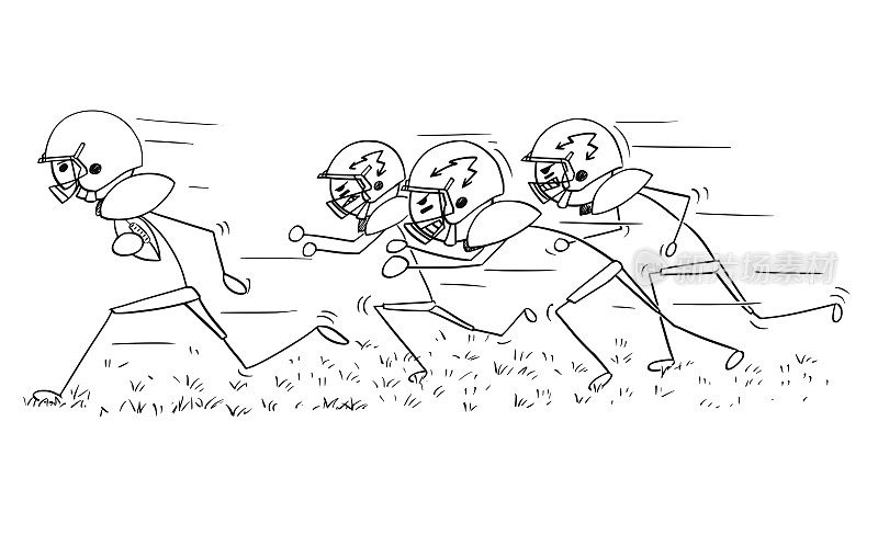 美国足球运动员带着球跑步的卡通