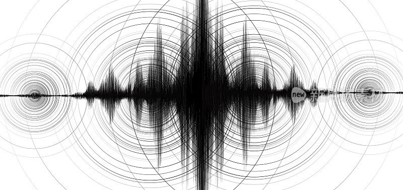 白纸背景下圆形振动的超强地震波中心音频波形图概念;教育和科学设计;矢量插图。