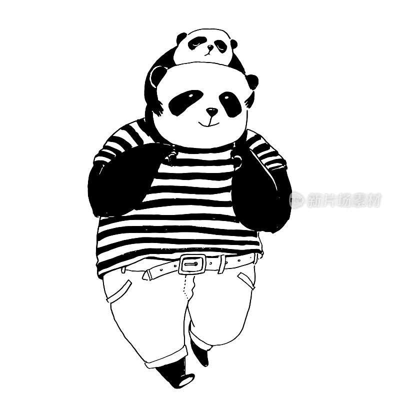 矢量黑白插图着色书。熊猫爸爸穿着黑色和白色的t恤走远了，他的小熊猫在他的肩膀上