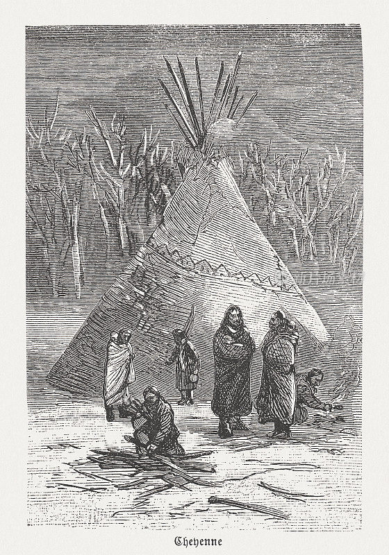夏安族，美国原住民，木刻，1888年出版