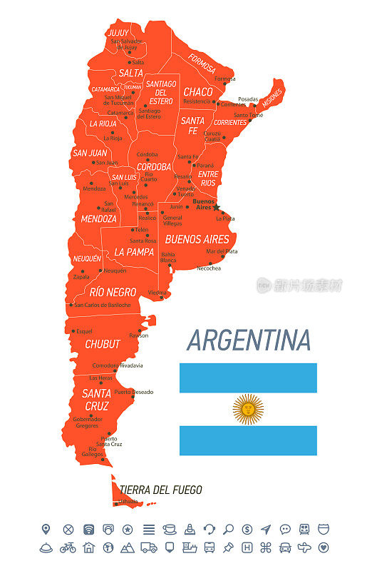 阿根廷的地图。矢量地图与省份和导航图标