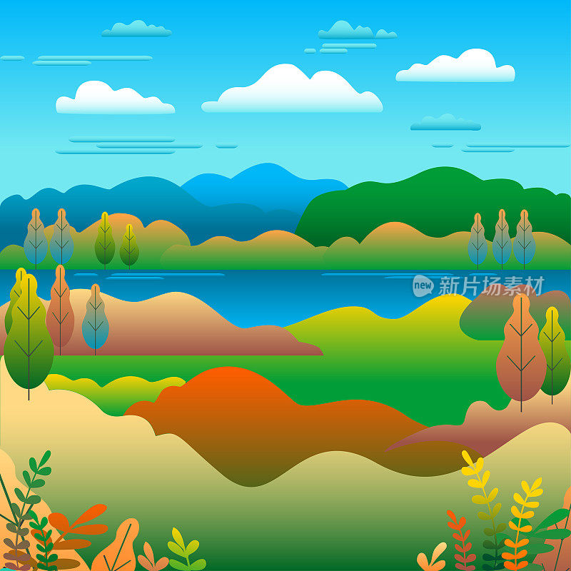 丘陵景观在平面风格的设计。以湖泊为背景的山谷。美丽的绿色田野、草地、山脉和蓝天。乡村位置以山丘、森林、树木为载体，卡通化