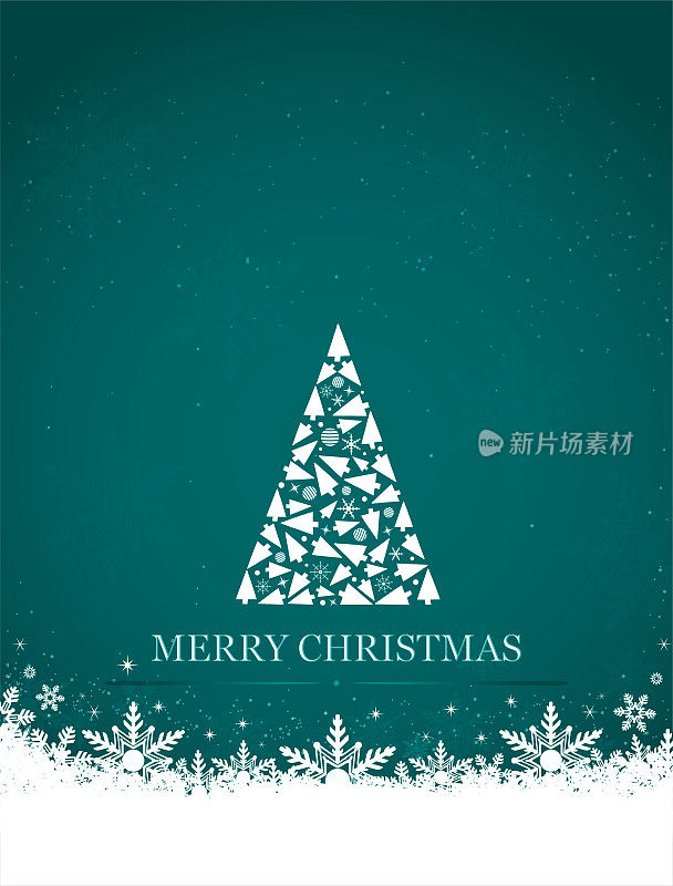 垂直矢量插图的创造性的深蓝绿色背景与一个创造性的三角形形状的白色圣诞树制成的圣诞装饰品