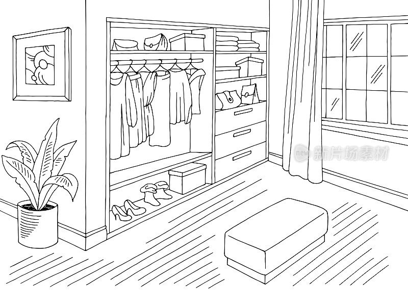 衣柜房间图形黑色白色家居室内草图插图向量