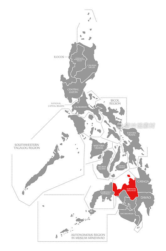 棉兰老岛北部在菲律宾地图中用红色标出