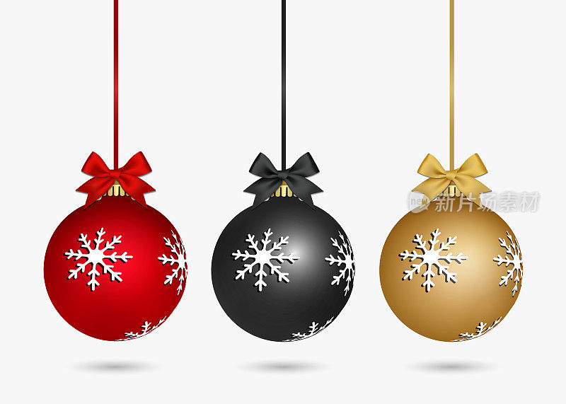 彩色圣诞球与现实的红色，黑色和金色缎带蝴蝶结