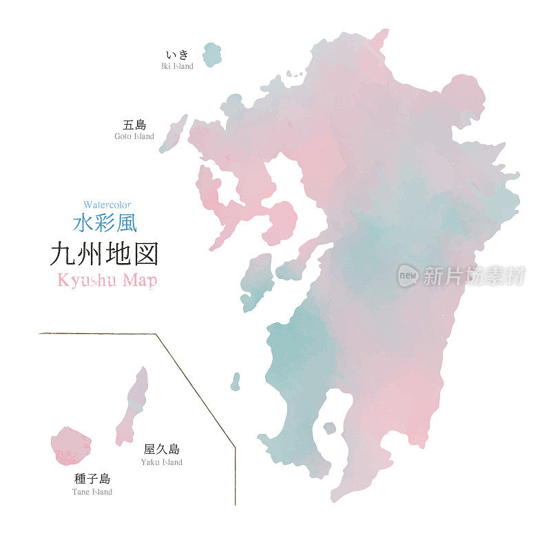 日本九州地区地图与水彩纹理