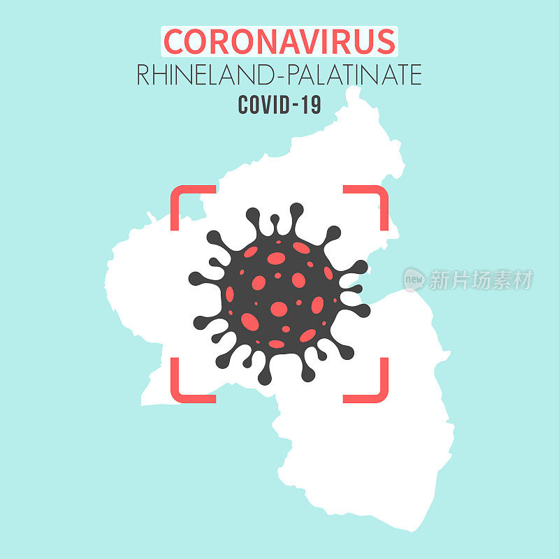 莱茵兰-普法尔茨地图，红色取景器中有冠状病毒细胞(COVID-19)