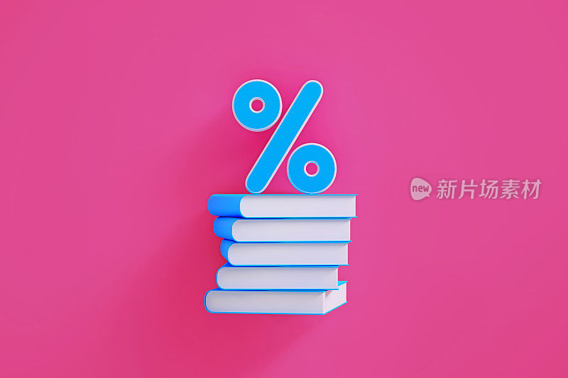 蓝色百分比标志坐在上面的蓝色书堆在粉红色的背景