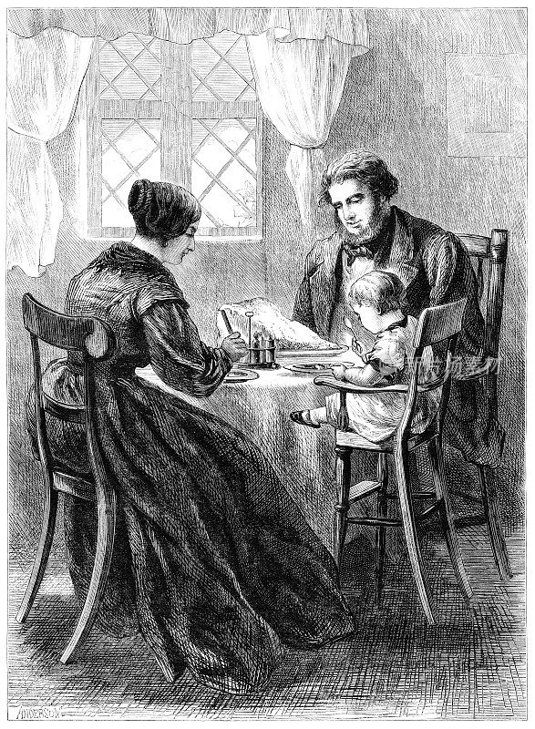 维多利亚时代的父母和婴儿在餐桌上