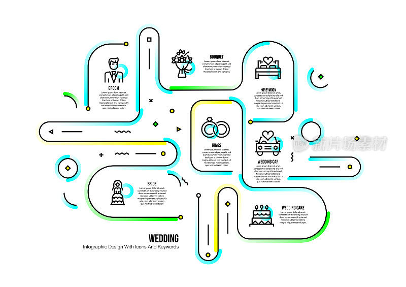 信息图表设计模板与婚礼的关键字和图标