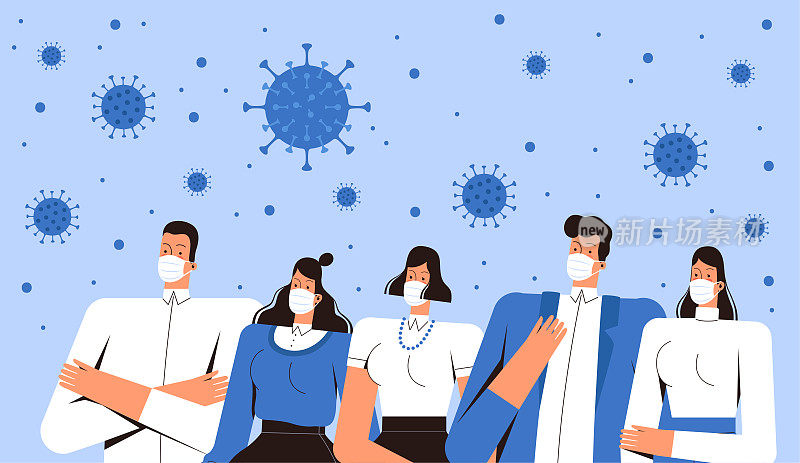 一群戴着医用口罩的人看着空中飞舞的新型冠状病毒。青年男女面对新病毒。抗疫理念
