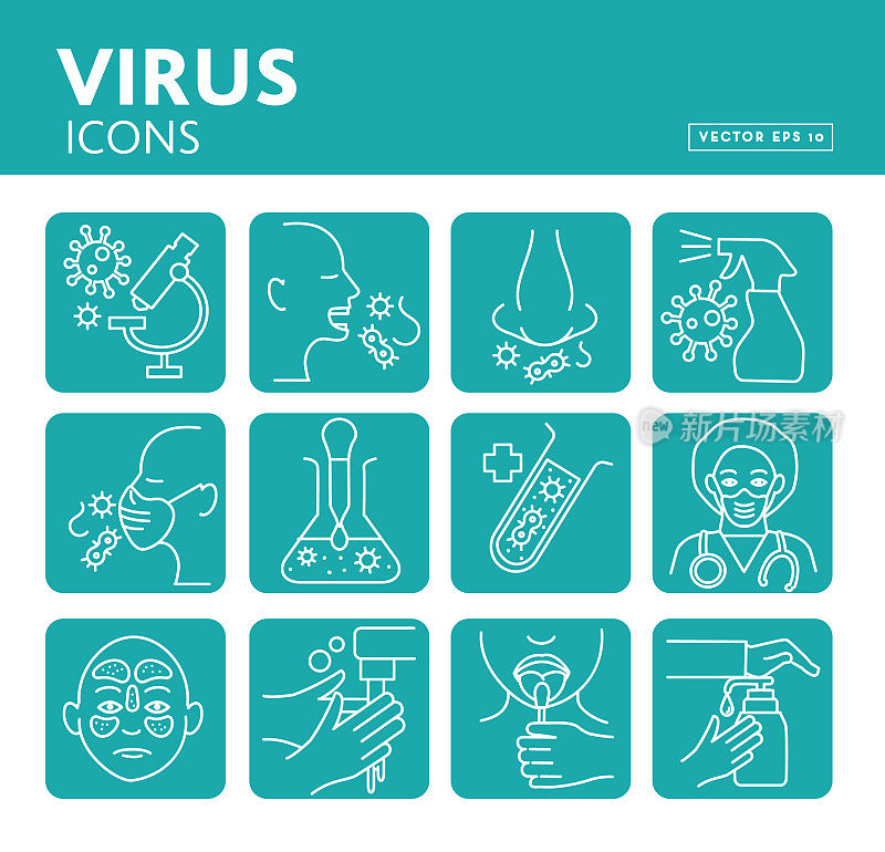 医学感冒和流感病毒线艺术图标集