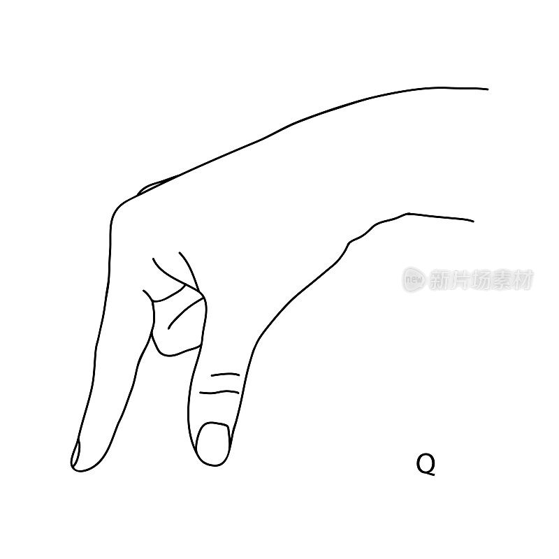 人的手的图画。Q是手语字母表中的第十七个字母。字母q，一只手的黑白画。聋哑的语言。矢量图