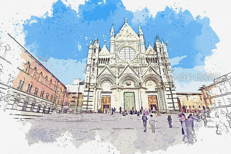 意大利锡耶纳世界遗产圣玛丽亚·艾苏塔大教堂的水彩画。