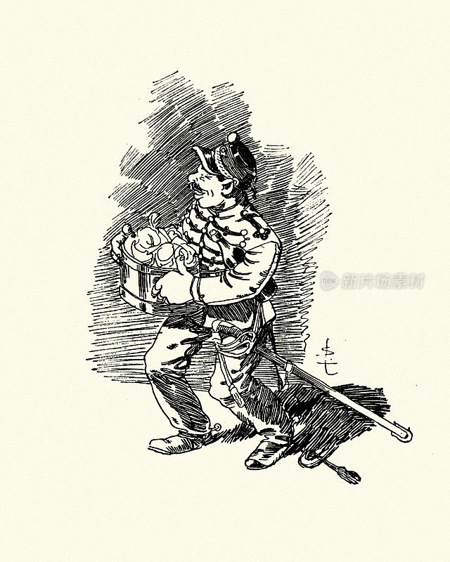 卡通,士兵提着一桶食物和一瓶酒