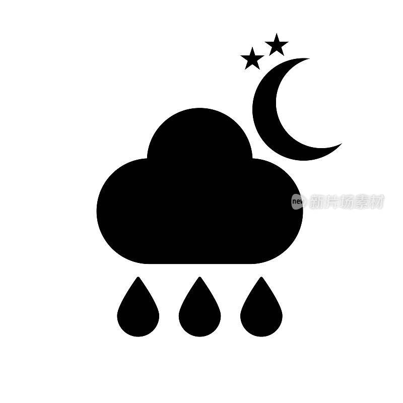 天气标志，晚上下雨。矢量插图。黑色的预测标志。