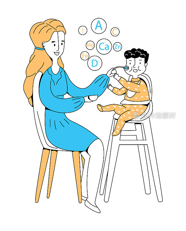 矢量平面插图妇女谁是喂养她的小孩汤匙。