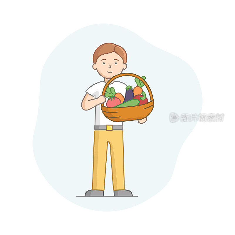 素食主义，健康营养理念。吃健康食品的人人物是拿着篮子的蔬菜。男孩反对食用动物制品。卡通线性轮廓平面矢量插图