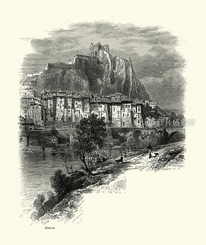 塞斯顿城市景观，横跨杜兰斯河的桥，法国，19世纪