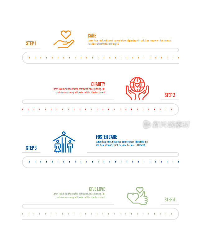 信息图表设计模板。关怀，慈善，寄养，给予爱的图标与4个选项或步骤。