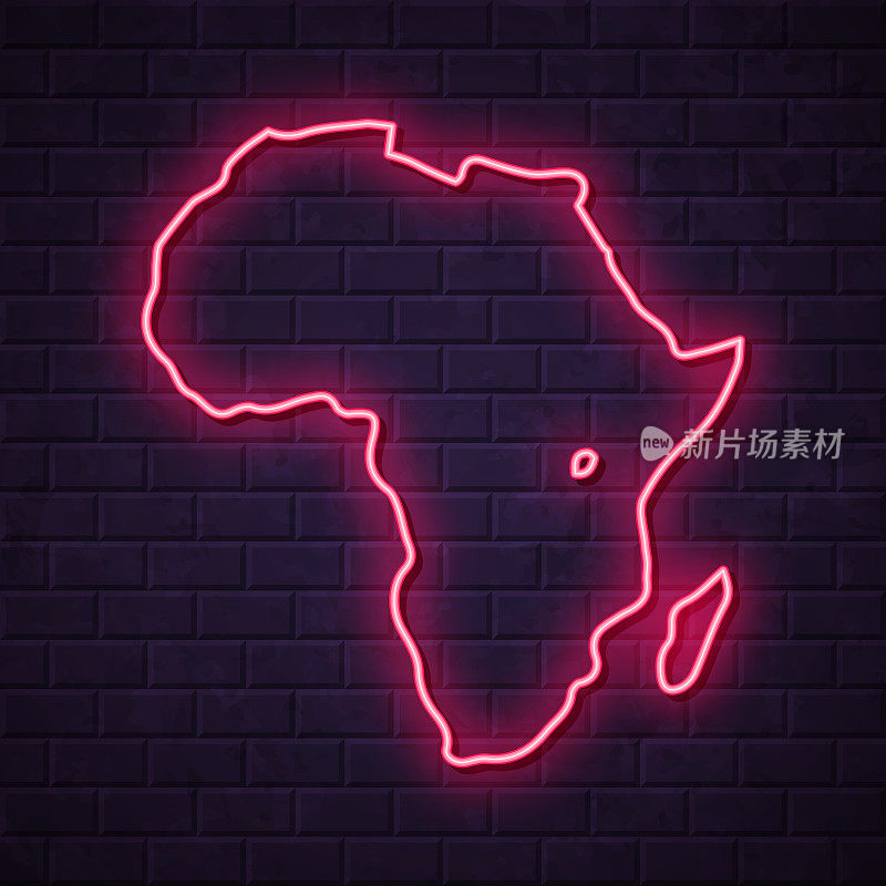 非洲地图-发光的霓虹灯在砖墙的背景