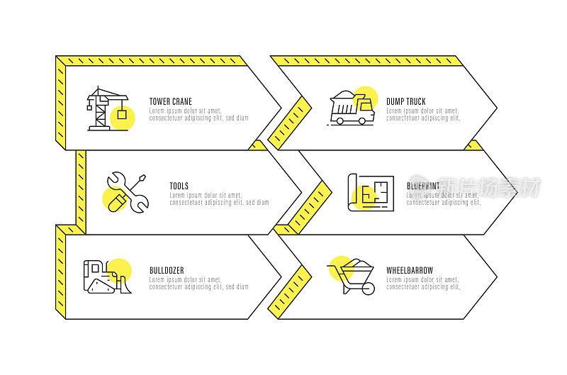 信息图设计模板。塔吊，自卸卡车，工具，蓝图，推土机，手推车图标与6个选项或步骤。