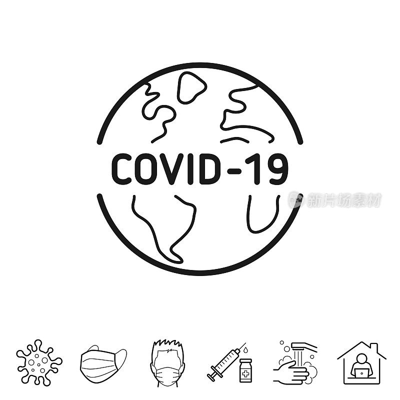 地球上COVID-19。线条图标-可编辑的笔触