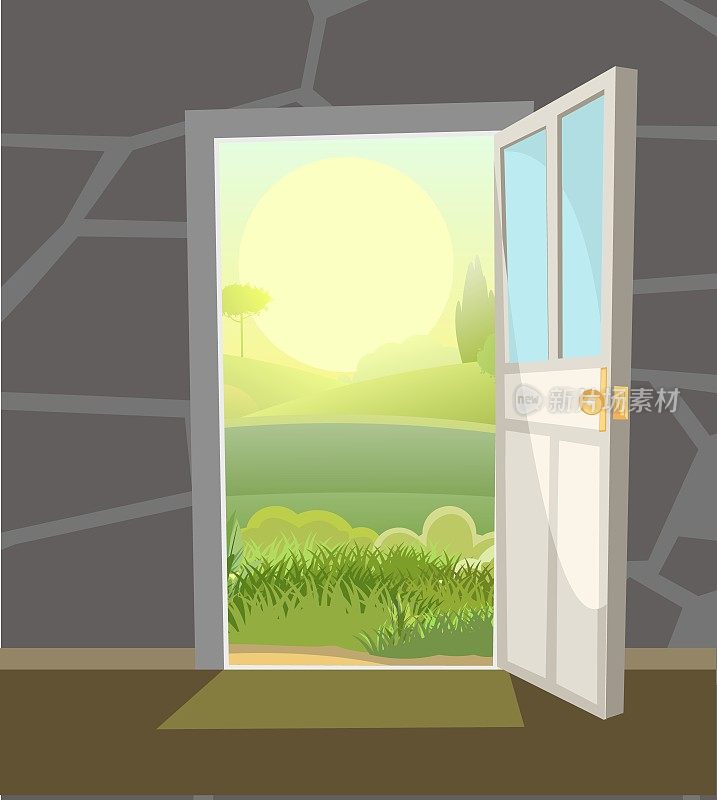 打开房间那边的门。清晨的乡村景色和初升的夏日太阳。卡通平的风格。说明向量