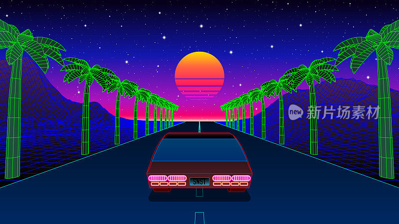 经典的80年代汽车行驶在棕榈树，山脉和日落的道路上。Retrowave或synthwave街机游戏视图与竞赛到太阳。20世纪80年代霓虹浪漫景观