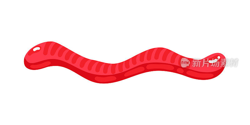 红色软糖果冻蠕虫糖果与惊人的味道平面风格设计矢量插图。