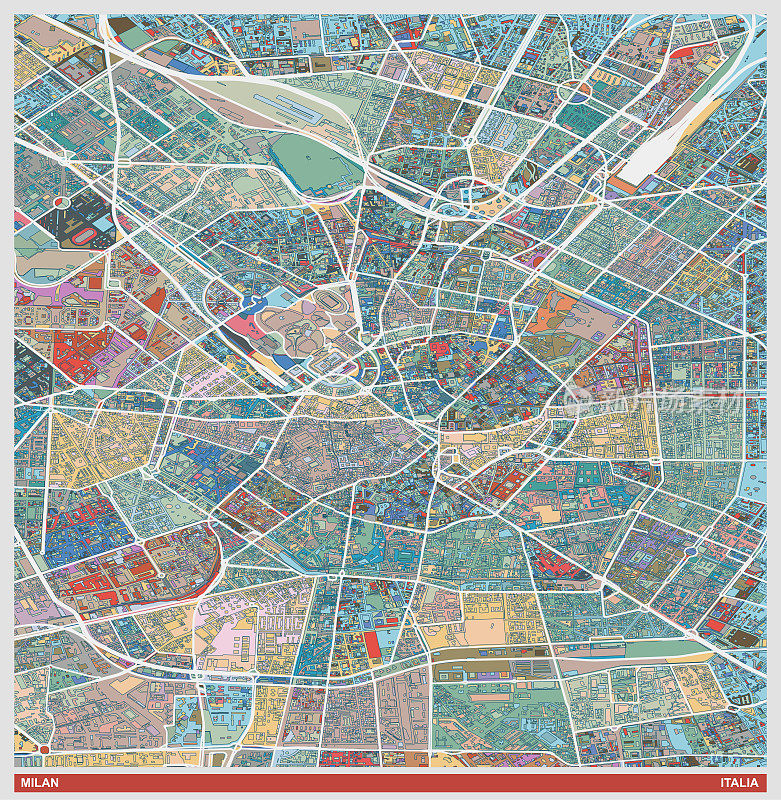 彩色艺术插画风格地图，意大利米兰市