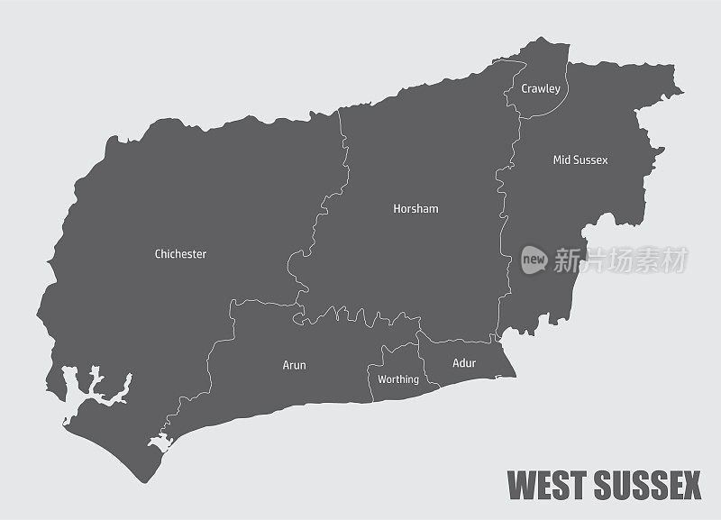 西萨塞克斯郡的行政地图