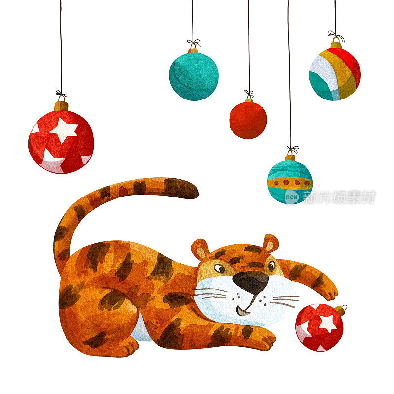 有趣的老虎玩圣诞球。象征着新年。