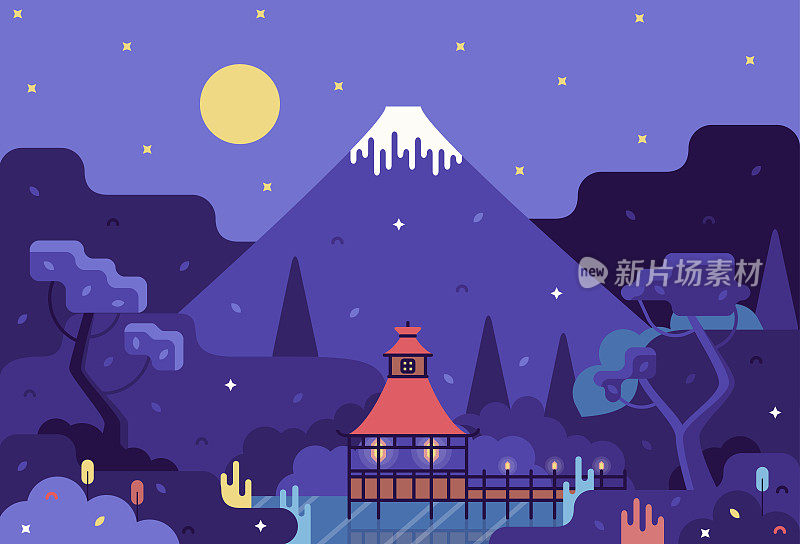 夜景，宝塔在山间的一个湖泊，在背景山与雪峰。矢量卡通插图在平坦的风格
