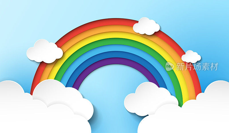 纸彩虹的颜色有红、橙、黄、绿、蓝、靛、紫，白色背景上有云朵。矢量设计