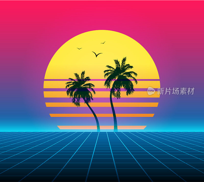 合成波复古背景-棕榈树