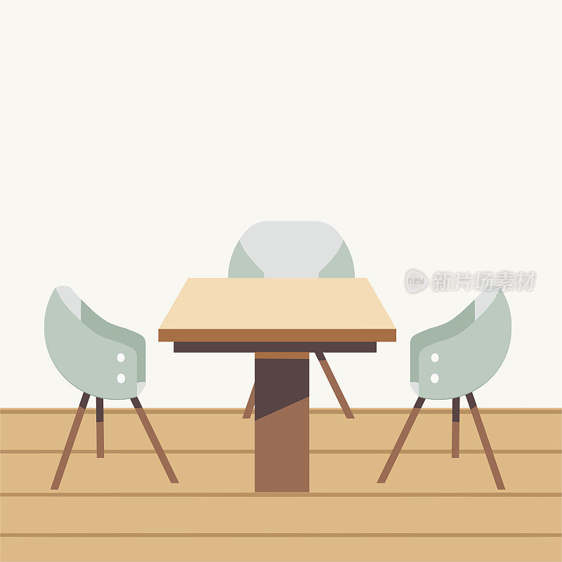 现代的桌椅家具从咖啡馆内景。现代家具的单色孤立插图