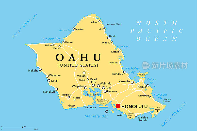 瓦胡岛，夏威夷，美国，政治地图，首都檀香山