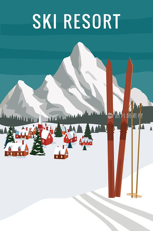阿尔卑斯冬季度假胜地，老式的木制滑雪板和滑雪杖。雪景峰、雪坡。旅行的复古海报
