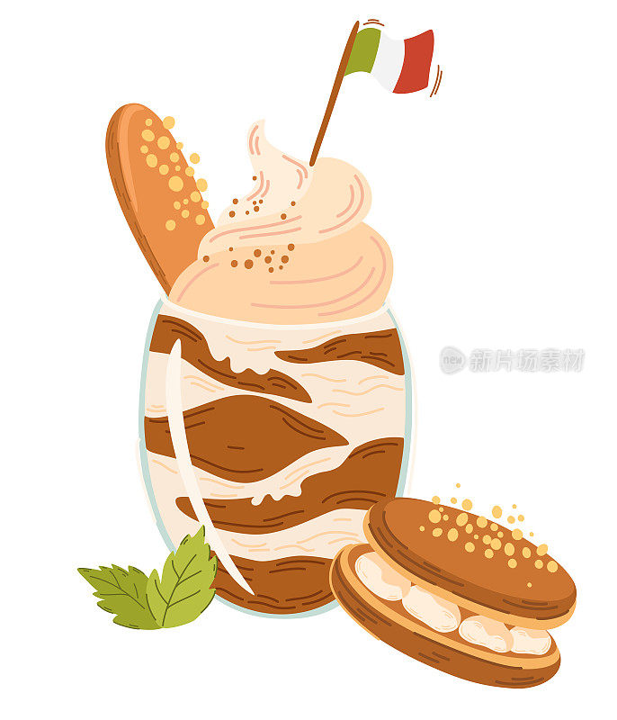 提拉米苏。意大利甜蛋糕装在杯子里，配上饼干和薄荷。作为餐厅菜单海报和印刷品的完美甜点。矢量卡通插图，孤立元素。
