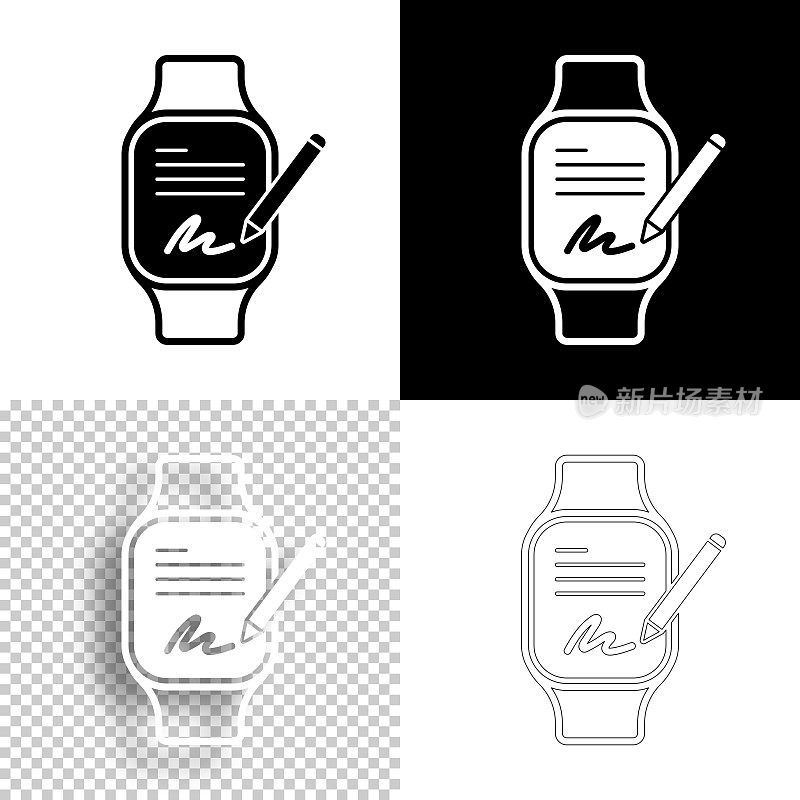 智能手表的电子签名。图标设计。空白,白色和黑色背景-线图标