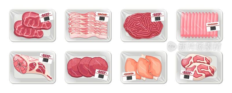 肉塑料托盘。卡通原生态动物制品，用真空包装容器包装半成品。新鲜的农场食品，杂货市场，香肠和牛排，牛肉，鸡肉和猪肉向量集