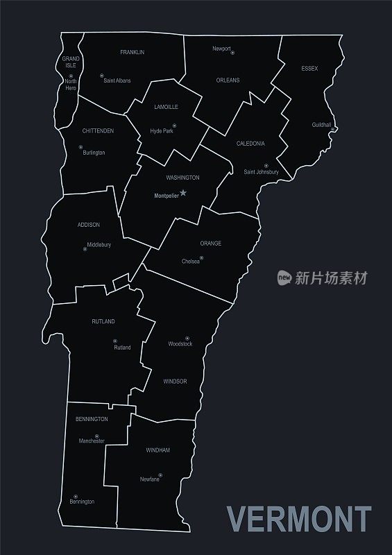 佛蒙特州的平面地图，以黑人为背景的城市