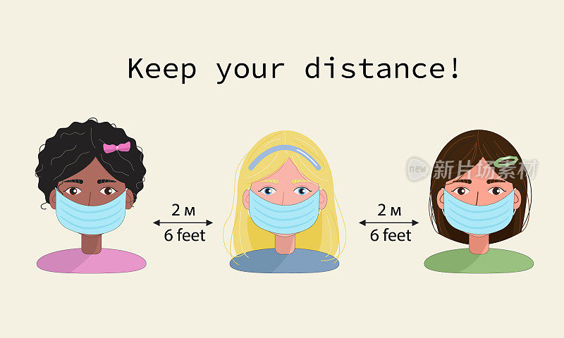 可爱的卡通载体保持社交距离，3名女孩在民间社会保持距离，以防止新冠肺炎疫情传播的概念