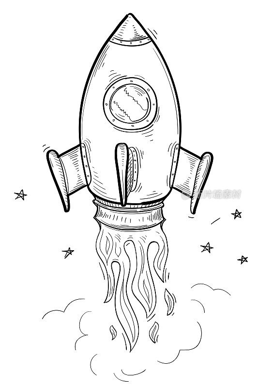 卡通画火箭开始-黑白线艺术插图